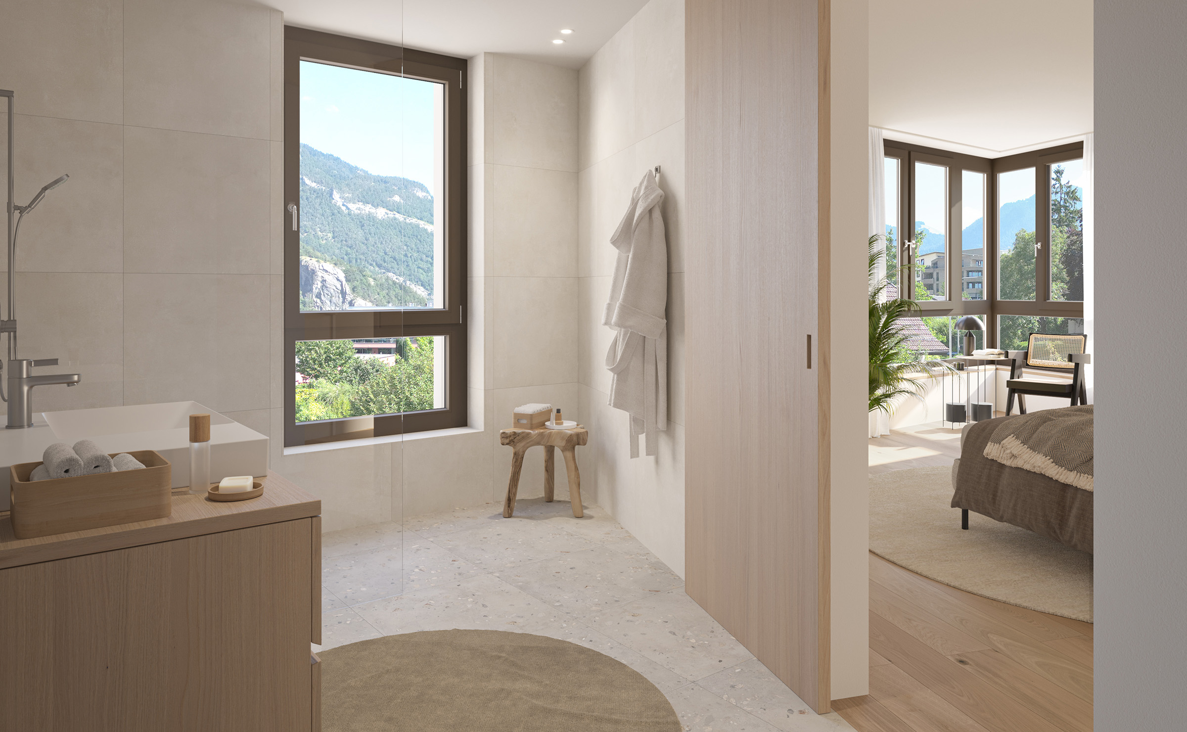 Margna_Masans_Chur_20260814_Bad Helles Badezimmer im Margna Masans in Chur mit grossem Fenster und Blick auf die Bündner Berge