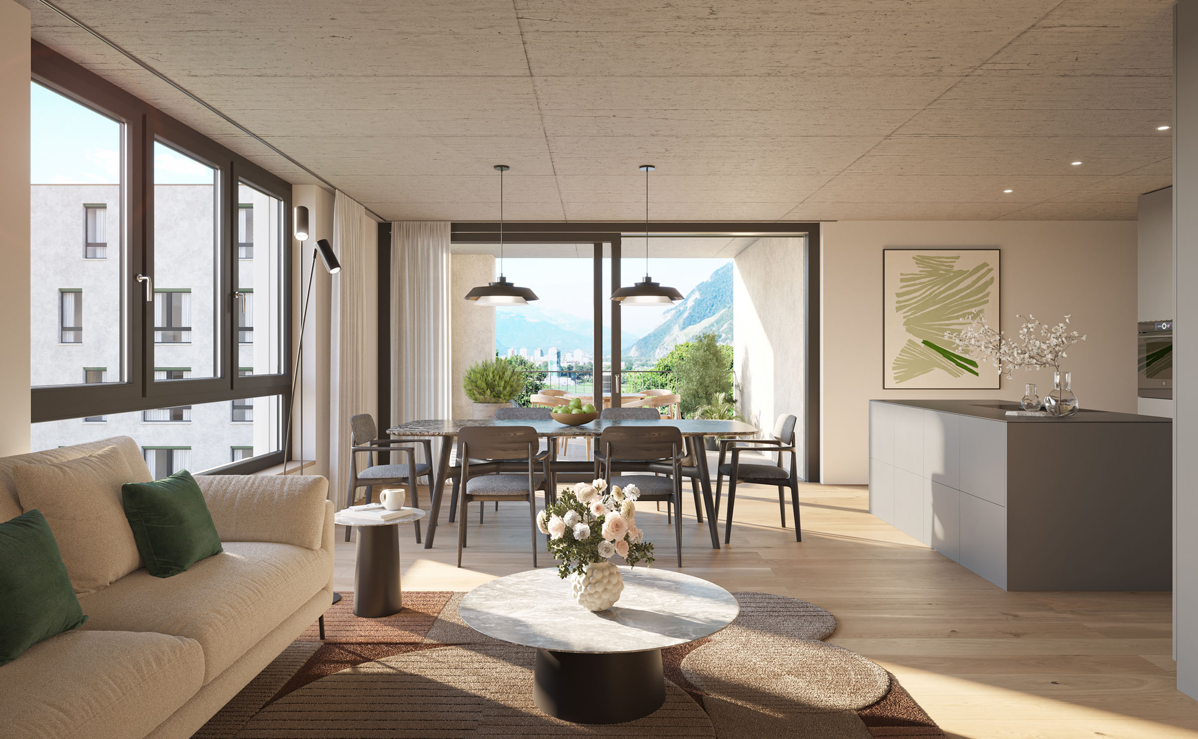 Margna_Masans_Chur_20260814_Innen_Wohnen7 Offener Wohn- und Essbereich im Margna Masans in Chur mit moderner Küche, Balkon und Bergblick