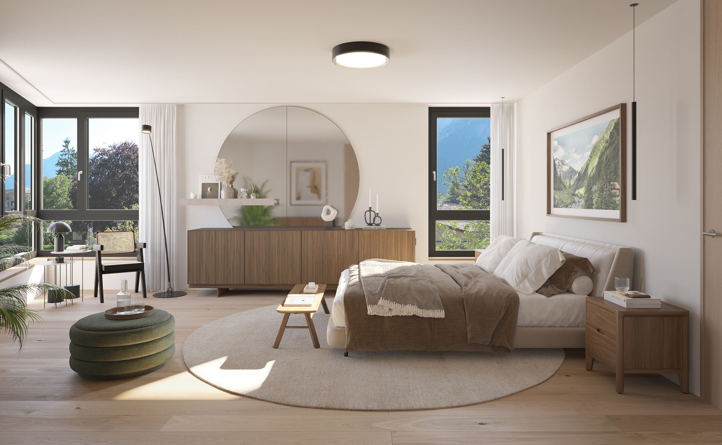 Margna_Masans_Chur_20260814_Innen_Zimmer Helles Schlafzimmer im Margna Masans in Chur mit grossen Fenstern und Blick ins Grüne