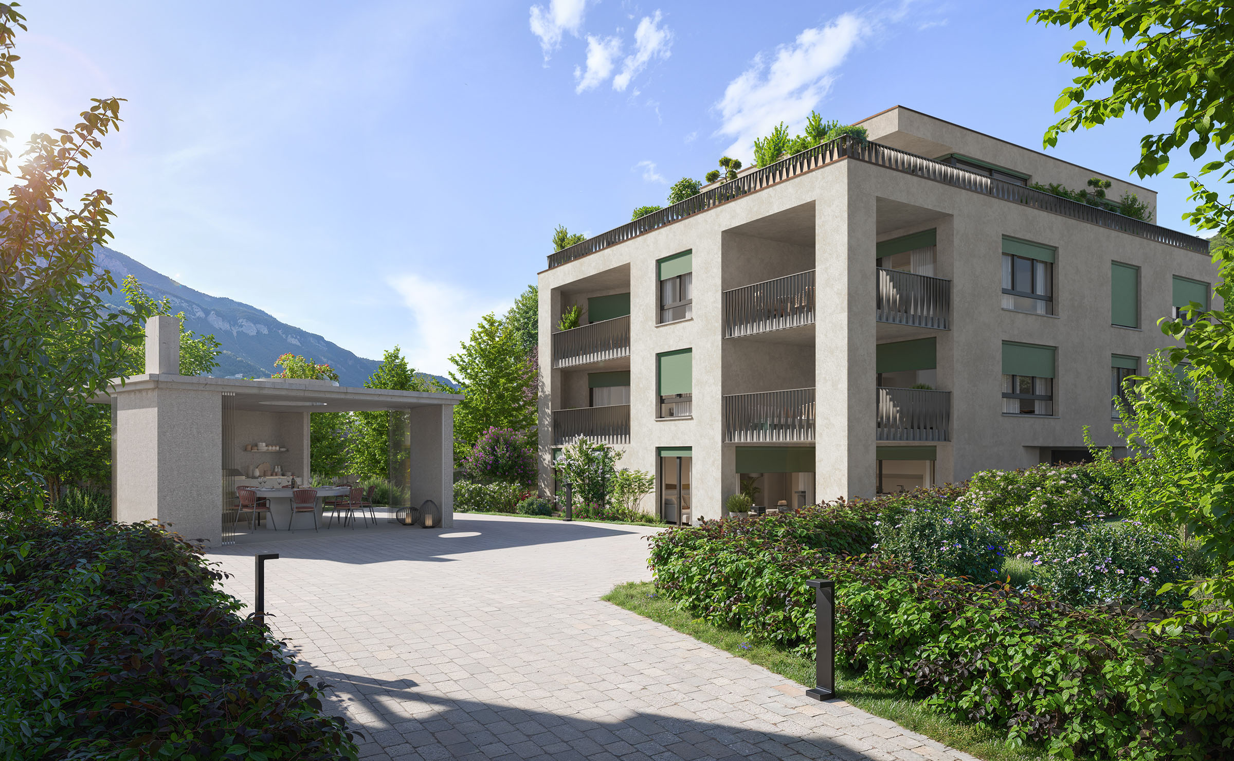 Margna_Masans_Chur_20260818_Aussen01 Aussenansicht des Margna Masans in Chur mit moderner Architektur, Balkonen und begrünter Umgebung